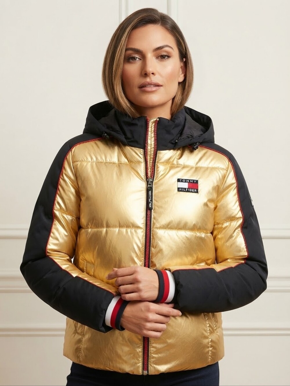 Rare Vtg Tommy Hilfiger Mens Large Gold Black Puffer Jacket Hood